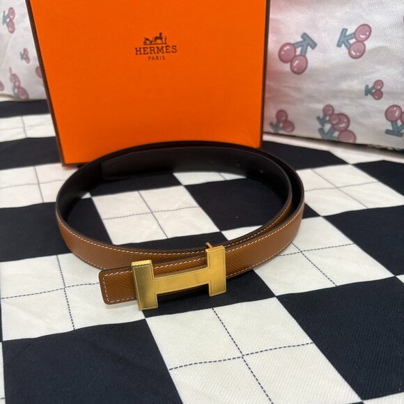 Hermes Brown Leather Belt with Gold Buckle - Picture 1 of 8